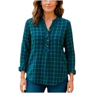 Talbots Womens Popover Tunic Top Shirt 1X Green Blue Plaid Jewel Buttons Tartan